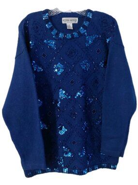 Victoria Harbour Blue Sweater Size XL Beaded Sequins Bows Diamond Pattern